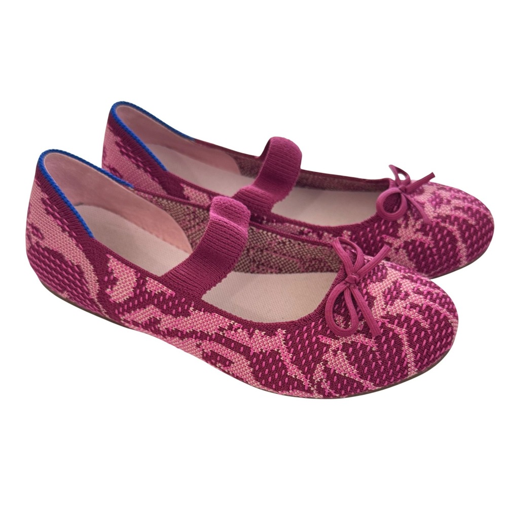 Rothy's Mary Jane Kids Size 4 Pink Purple Patterned Knit Bow Flat Shoes